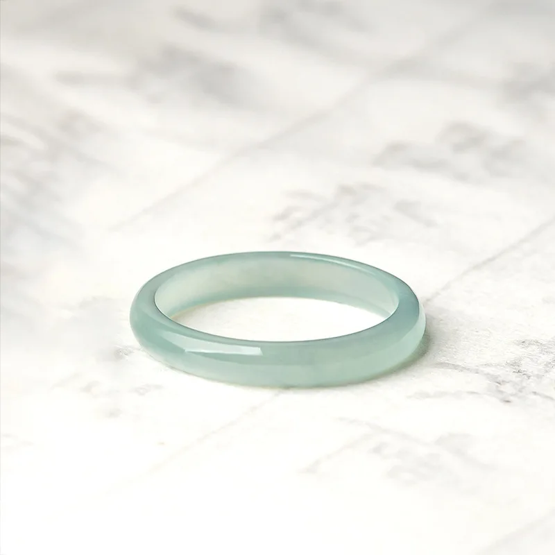 Natural Type A Jadeite Light Blue Water Ring Minimalist Plain Band Couple Rings Round/Square Options Unisex - view 5