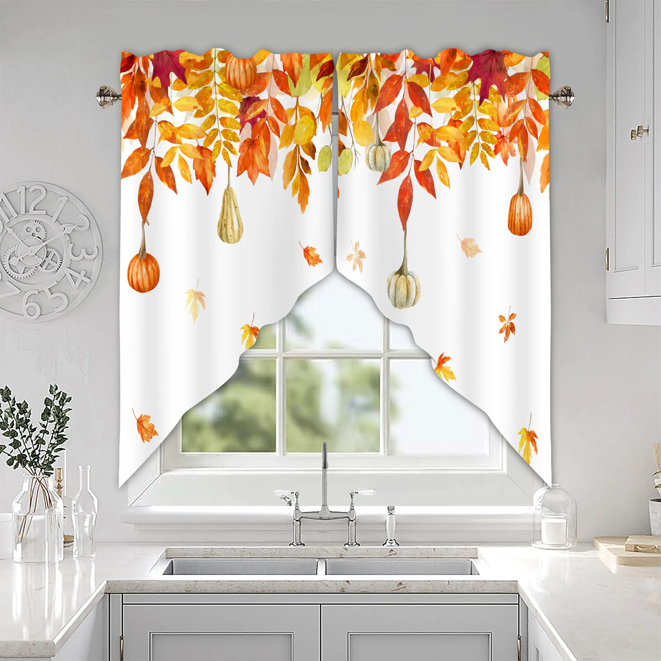 Fall Pumpkin Swag Curtains for Windows 28x36 in 1 Pair Thanksgiving Maple Leaves Autumn Pattern Window Treatment Topper