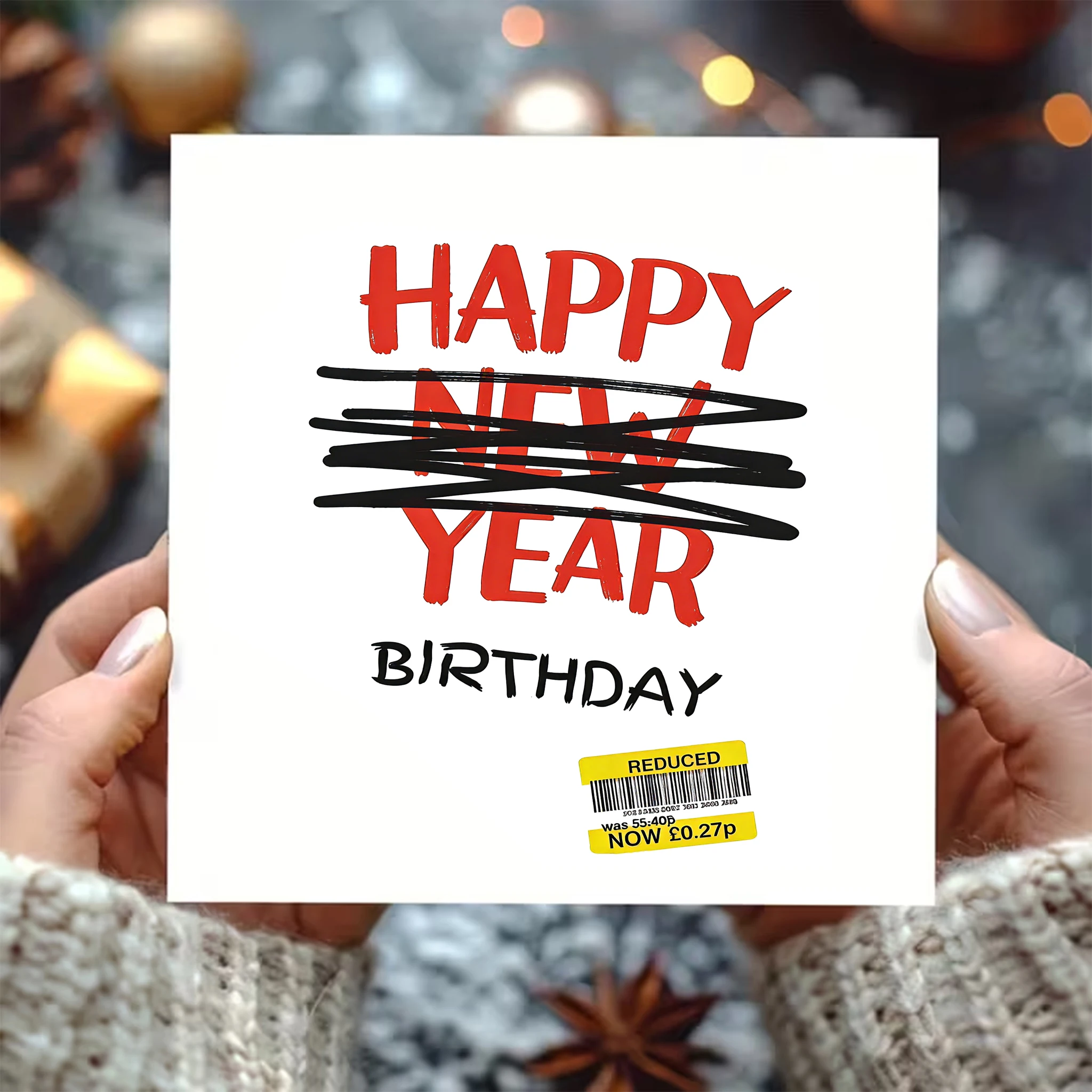 2-teiliges 300 g/m2 quadratisches weißes Grußkarten- und Umschlagset – humorvolle Meme-Karte mit dem Text: Alles Gute zum Geburtstag (ausgekreuztes neues Jahr) |   Dickes Papier