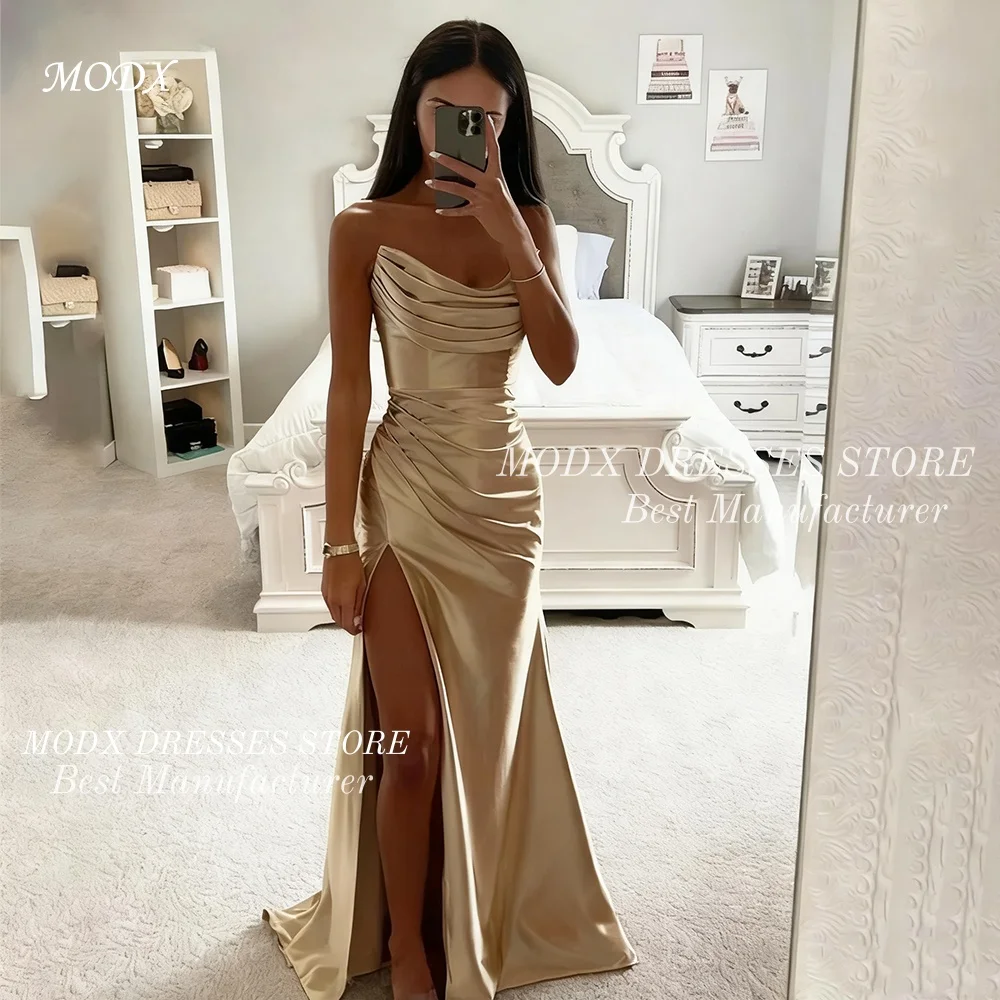 

MODX Дубай Атласные платья для выпускного вечера цвета шампанского без бретелек Свадебное платье русалки Элегантное сексуальное платье без рукавов с разрезом по бокам Vestidos De Fiesta