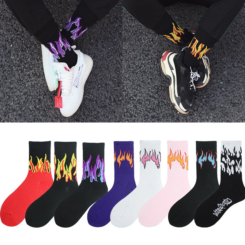 Trend Harajuku style flame mid-tube cotton socks Europe and the United States street hip-hop skateboard sports socks