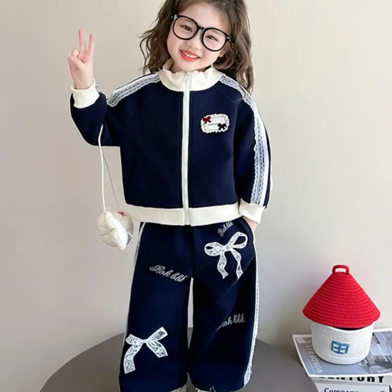 New Spring Autumn Girls Long Sleeve Cardigan Straight Pant Set Children's Fashion Sports Sweatshirt Wide Leg Pants Two Piece Set