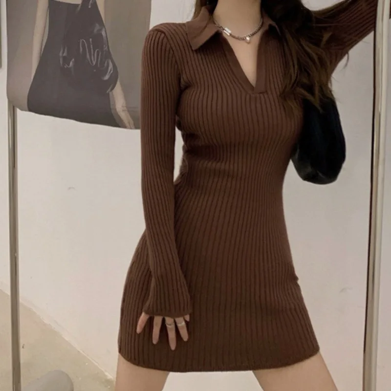 

Women Turn Down Collar Knitted Dress Slim Waist Tunic Solid Sweater Dresses Korean Elegant Chic Trendy Vestido De Mujer Y2k 원피스