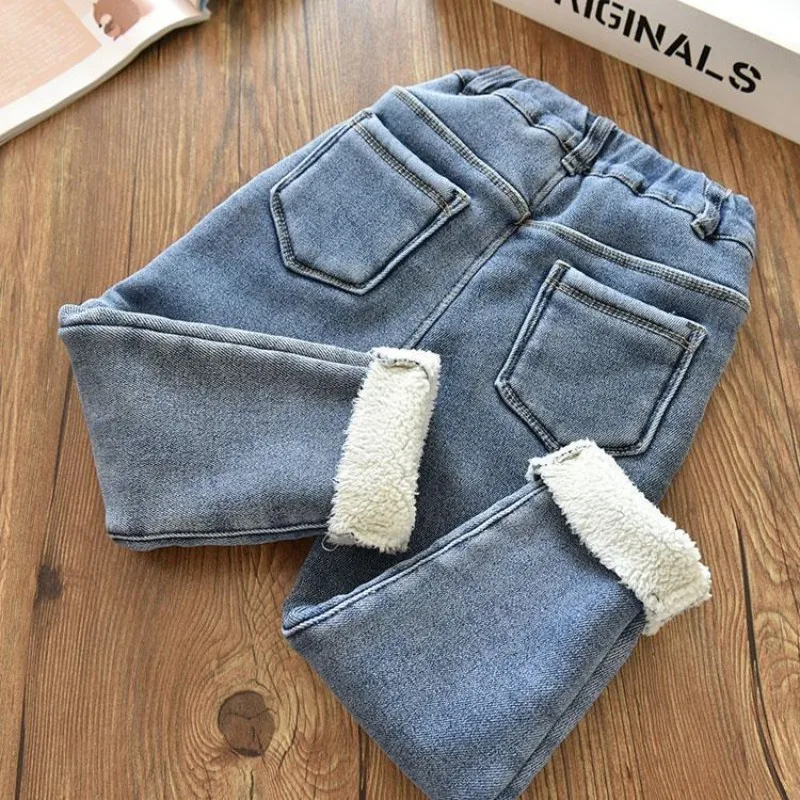 Autumn and Winter Girls\' Jeans New Thickened Plush Jeans Children\'s Slim Fit Elastic Warm Cotton Pants 3-7Y