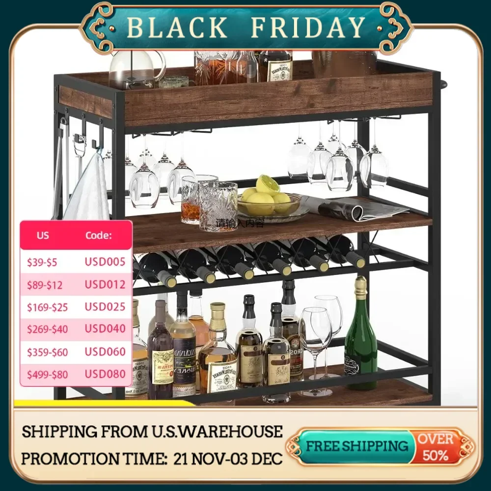 Home bar trolley, rolling home bar service cart on wheels, 3 tiers home bar alcohol cart with wine rack and glass rack