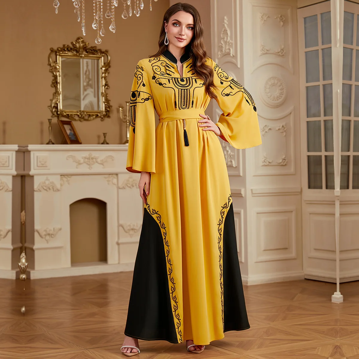 

Женское Дубай 4290, Абая, элегантное великолепное длинное платье с вышивкой контрастного цвета, марокканское длинное платье, новое модное элегантное платье