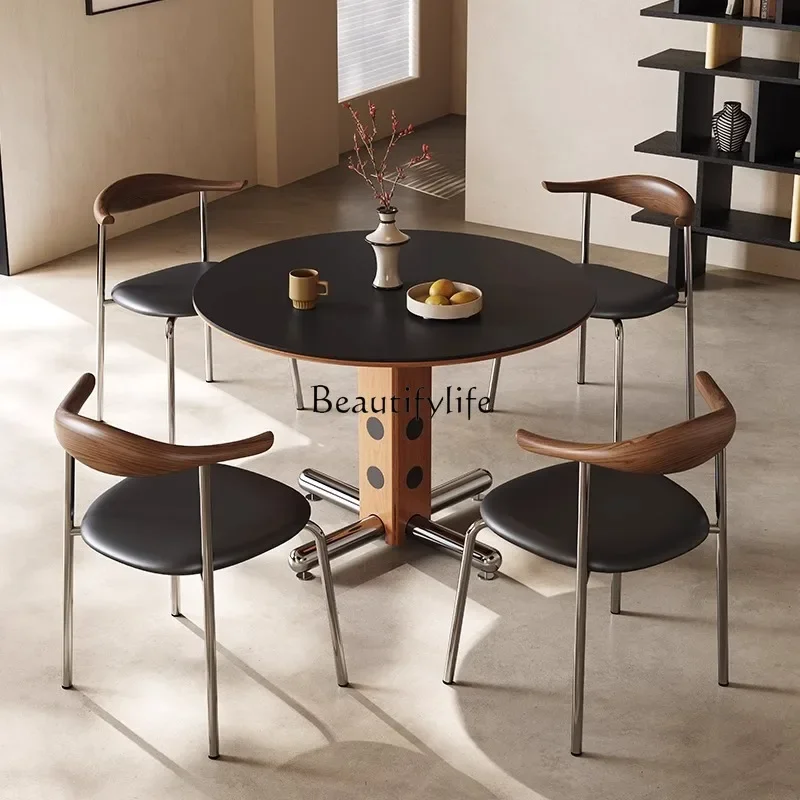 

yj19 Retro small apartment metal legs round dining table Nordic Bauhaus solid wood rock slab dining table
