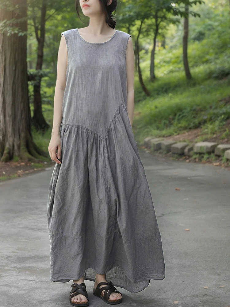 

100% Cotton Women Casual Dress New Arrival 2025 Summer Vintage Style O-neck Plain Color Loose Female A-line Long Dresses M1485