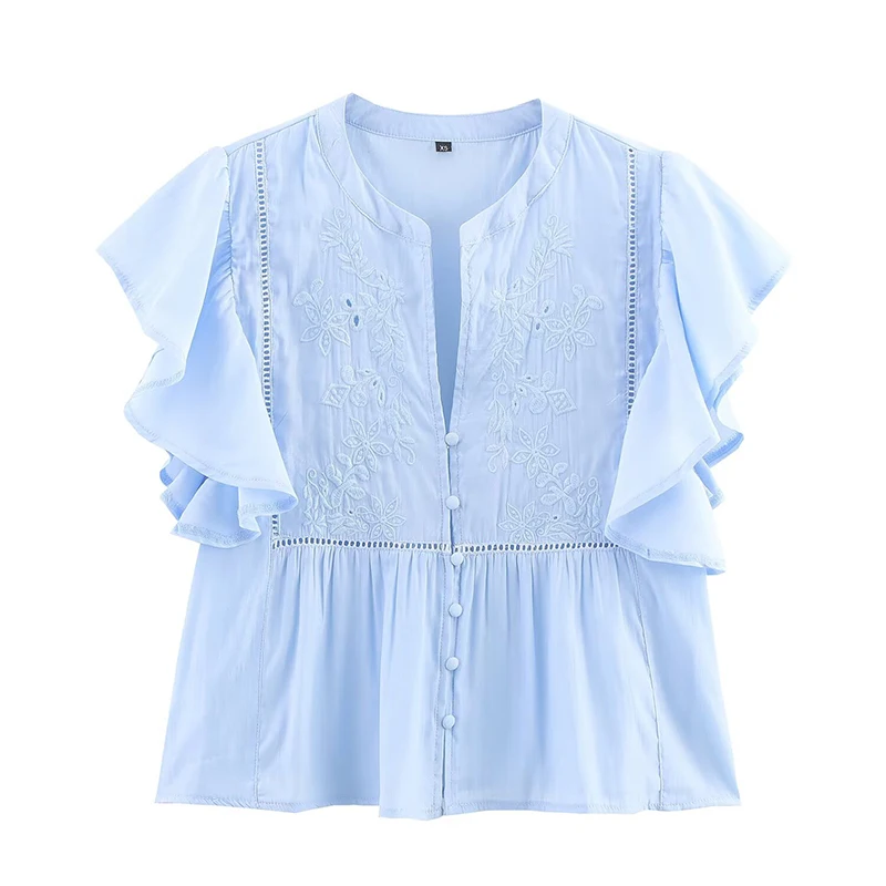 

Openwork Embroidery Light Blue Shirt Women Short Ruffled Sleeves Round Neck Front Button Summer Tops Casual Blouse