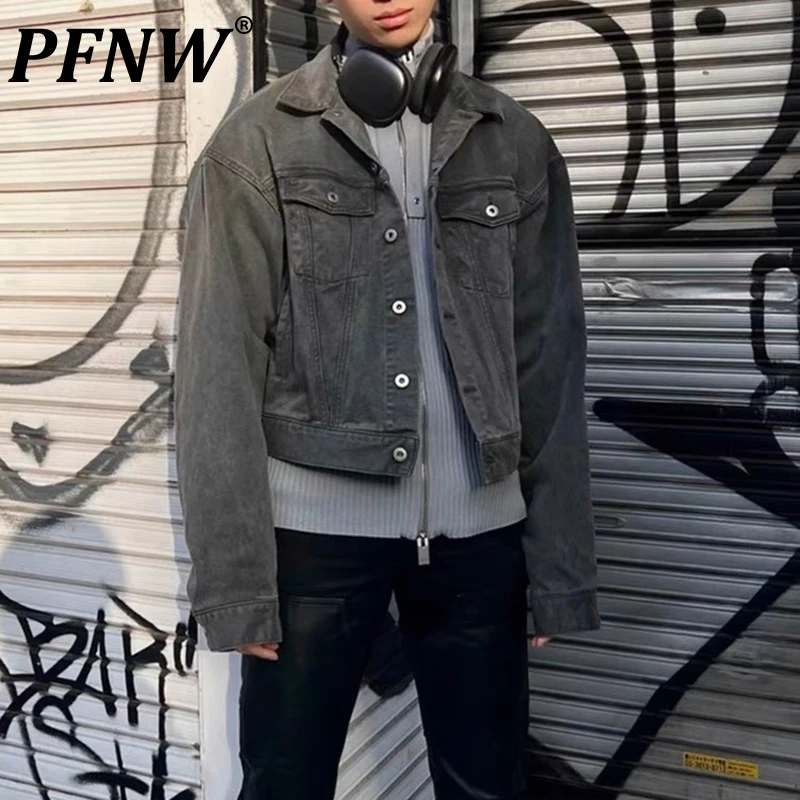 PFNW High Street Menwear Grey Vintage Denim Jackets Loose Fit Single Breasted Short Coat Washed Trendy Autumn Lapel Tops 12C611