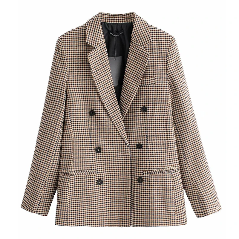 New Vintage Houndstooth Women Woolen Blazer Double Breasted Plaid Female Suit Jacket Fashion Korean Outerwear Loose Blaser Coat