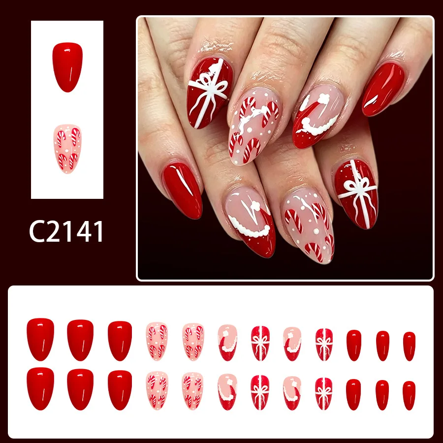 Almond Fake Nails Red Nude Christmas Candy Cane Gift Bow Print Reusable Press on Nails for Holiday