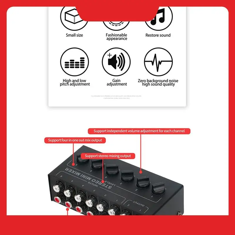 

4 Channels Passive Stereo Mixer Mini Audio Mixer Portable Sound Mixer RCA Input Ultra Low Noise For Live Studio Easy Install