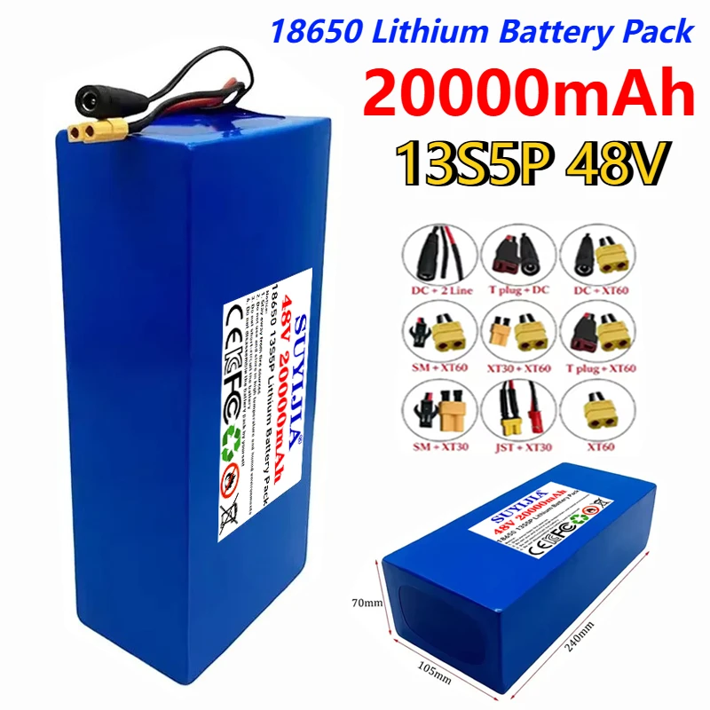 48V 20Ah 18650 lithium battery pack 13S5P built-in 50A BMS suitable for 250-2000W electric scooters and bicycles with charger