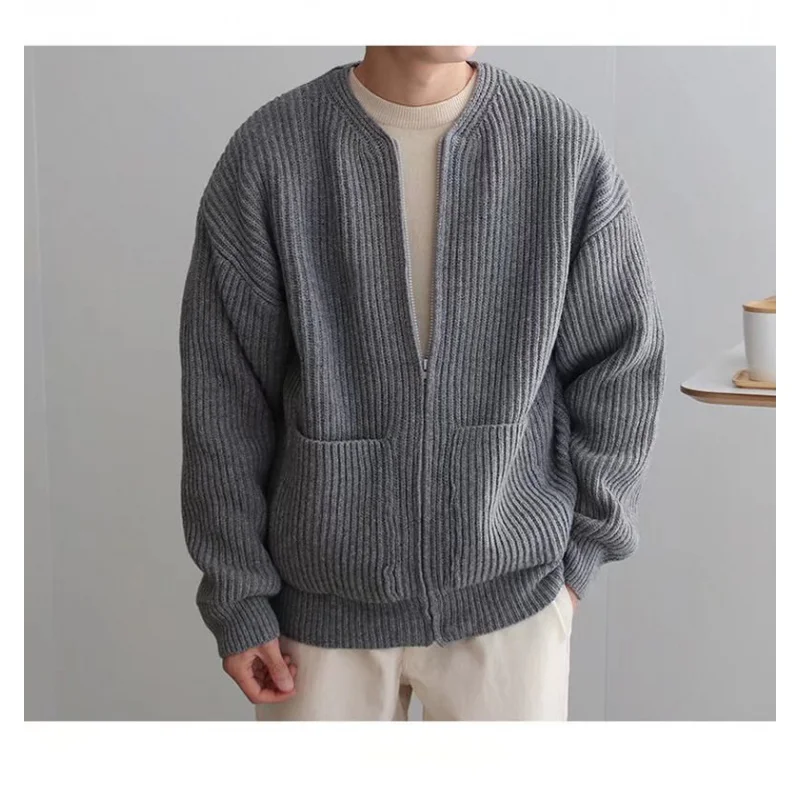 Knitted Cardigan Coat Men's Clothing Straight Slower Heavy Industry Wool Thick Stick Knitted Cardigan Loose Sweater Coat