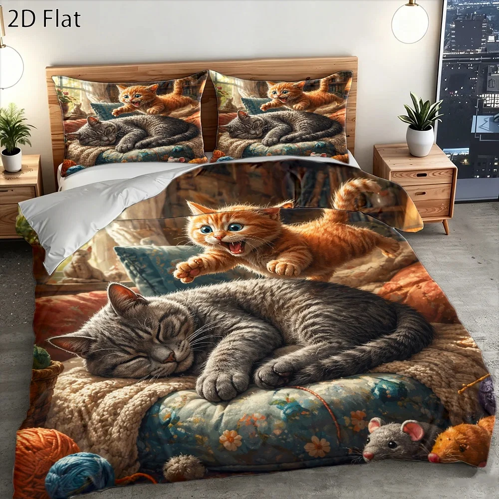 Super Cute Cat Print Duvet Cover Set, Three-Piece Bedding Set (1*Duvet Cover + 2*Pillowcases), Suitable for All Seasons, Machine Washable, Invisible Zipper Design, Suitable for Home, Dormitory, Master Bedroom, Guest Room, Large Double Bed Cover Set, Warm Cat Pattern Bedding, Popular Comfortable Skin-Friendly Three-Piece Bedding Set, Cartoon Cute Pet Bedroom Bedding Set