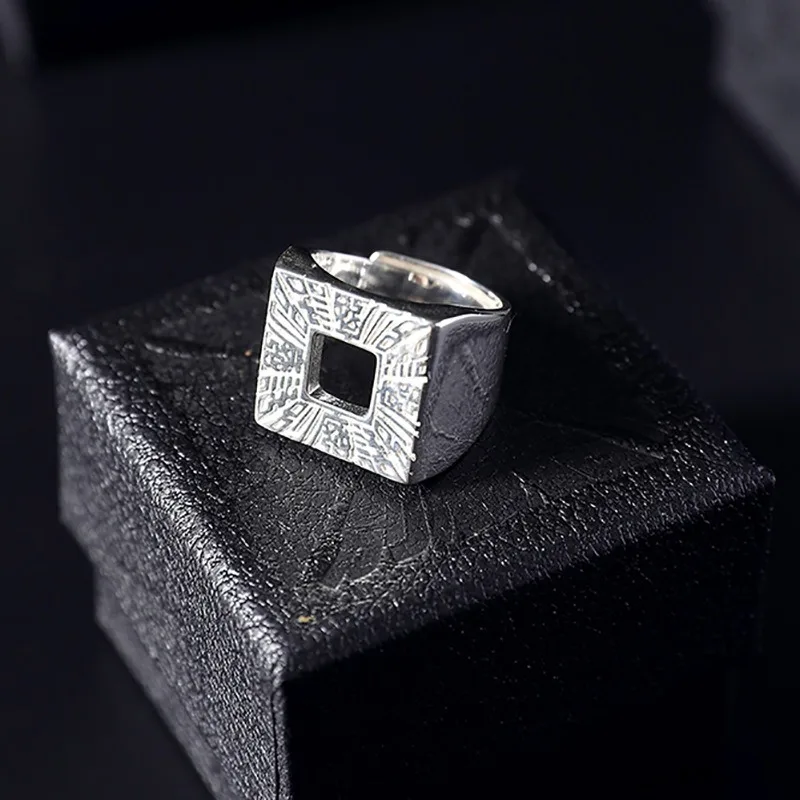 Creative 925 Silver Vintage Stereoscopic Square Mens Rings Fashion Luxury High Quality Ring Fine Jewelry Adjustable Opening