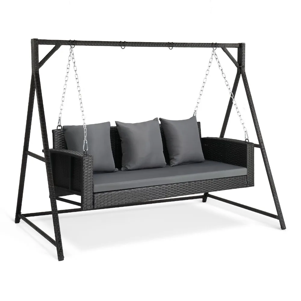 5FT Wicker Swing with Stand, 800 LBS Rattan Porch Swing Set, Black | 3 Person Patio Bench Swings Set, Heavy Duty