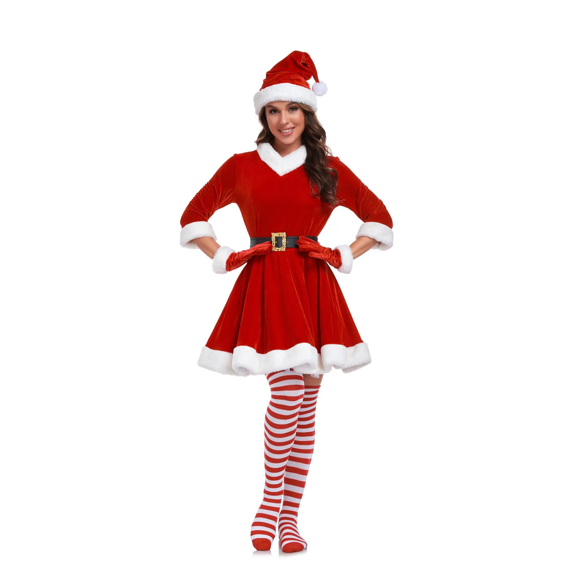 

Mrs Claus Costume for Women 5PCS Plus Size Outfit Christmas Adult Velvet Santa Dress with Belt High Socks Hat Gloves