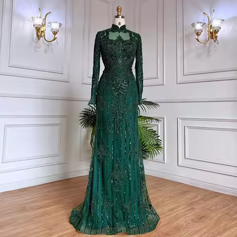 Middle Eastern Islamic Emerald Green Beaded Luxury Evening Dress Modern Style Wedding Party Gown فساتين سهرة