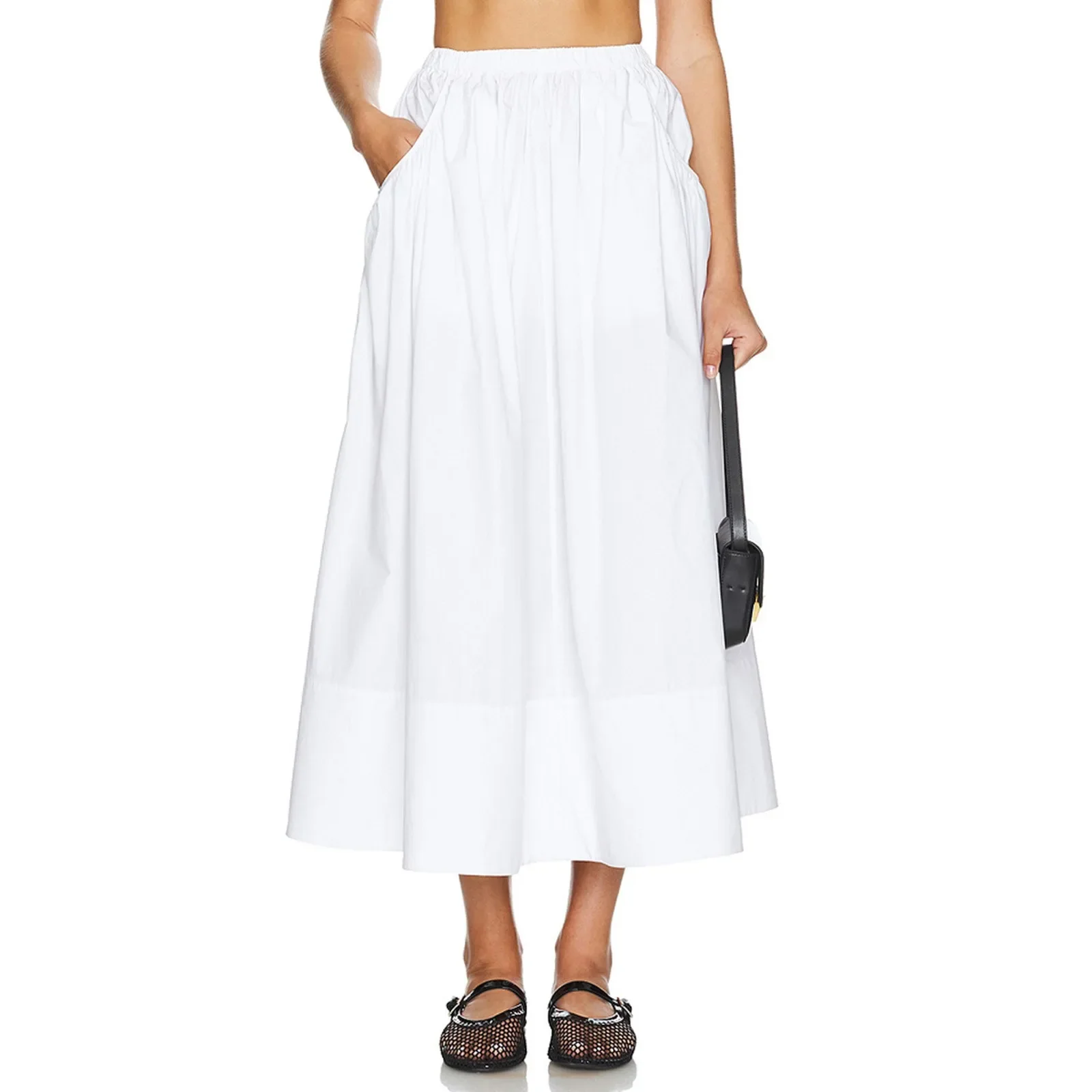 Lady Pocket Skirt Fashionable Cotton and Linen High Waist Loose Big Swing Skirt Ladies Sundresses Casual Ropa De Mujer