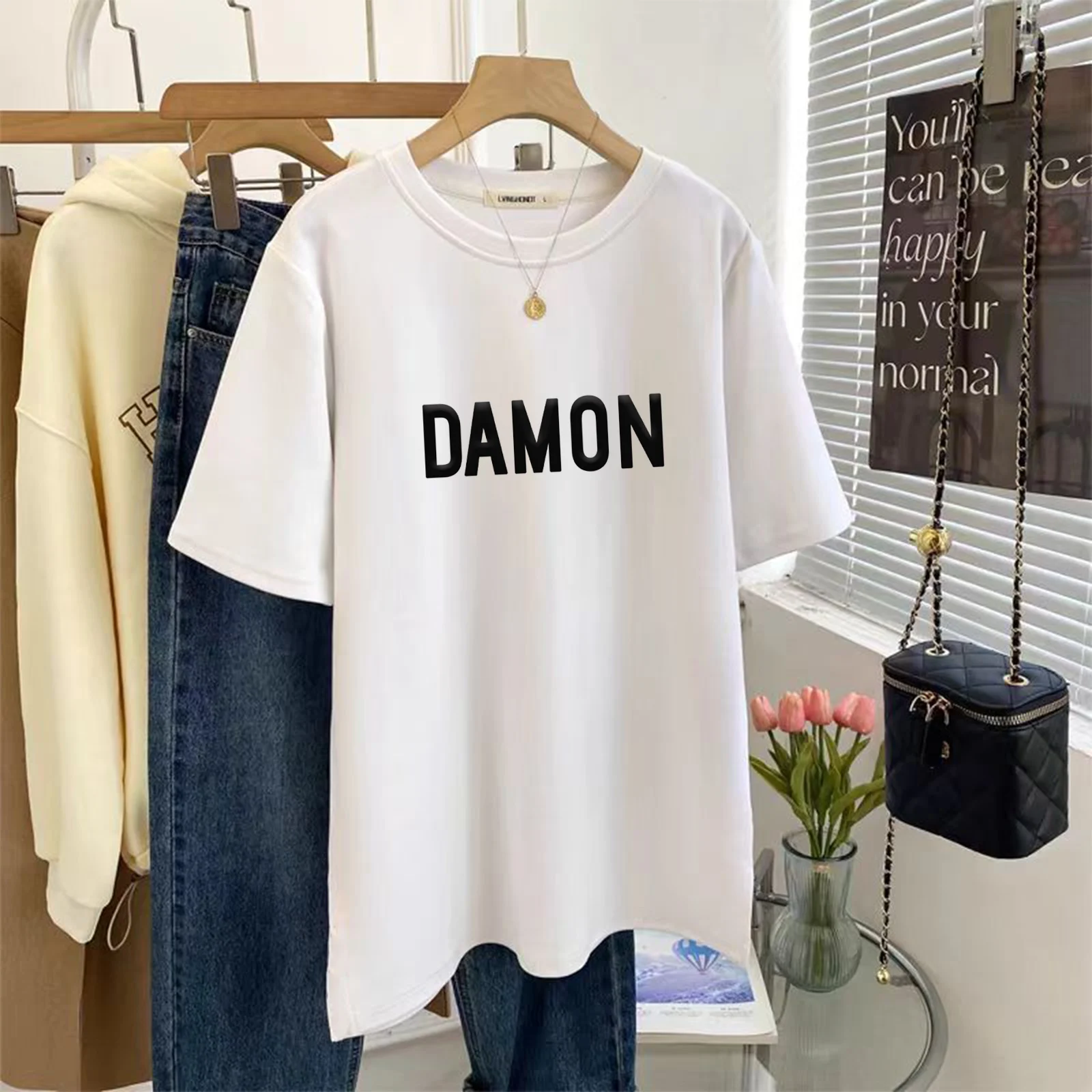 Women's Loose Fit round Neck T-Shirt Long Sleeve Flocking Letter Print Slimming Versatile Mid-Length Cotton Blend Top