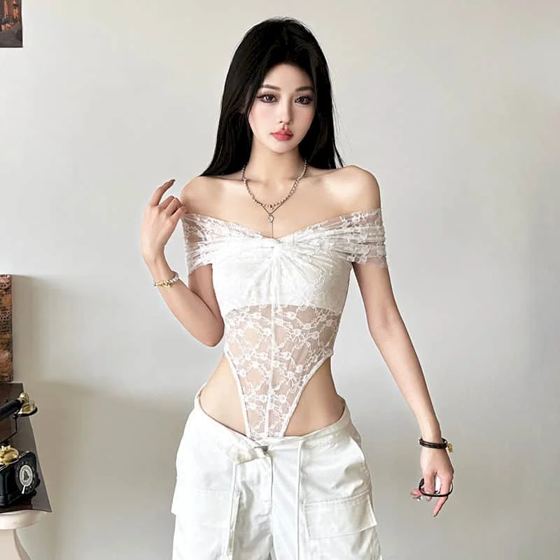 

Female Jumpsuits Elastic Bodysuits O-neck Sexy T-shirts American Style Sleeveless Tight White Lace Clothing for Women Rompers