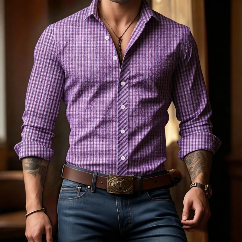 Men Plaid Print Long Sleeve Button Down Shirts, Casual Business Dress Tops For Men, Soft Breathable Daily Wear Blouse