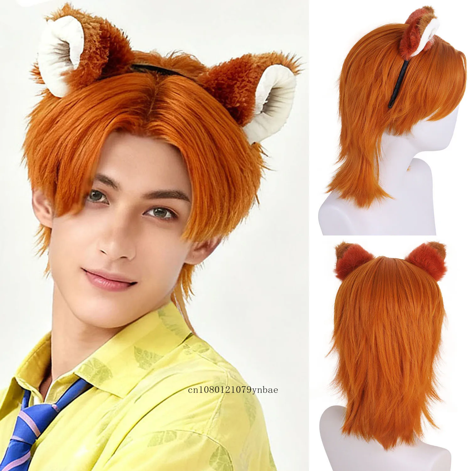 

Orange Wigs for Men Synthetic Hair Short Straight Wig with Fox Ear Headband Nick Cosplay Wig Halloween Costume Anime Movie Party