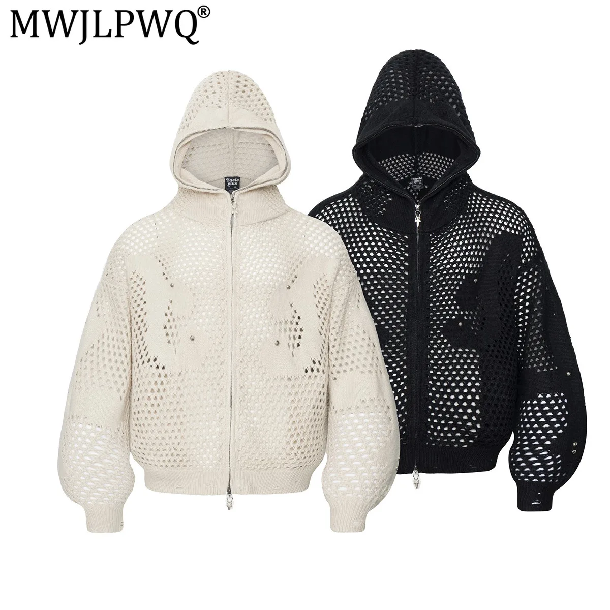 MWJLPWQ American-Style Dark-Toned Hooded Zip-Up Knit Sweater New Men's Street Hollow-Out Design Solid Color Casual Tops 20496
