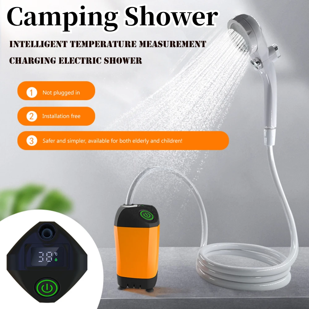 Outdoor Camping Shower Pump with Digital Display IPX7 Waterproof Pet Watering Portable Electric Shower Pump for Hiking Travel