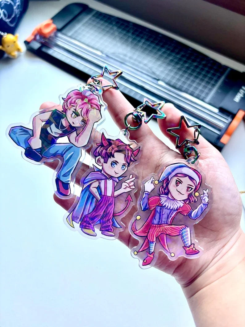 Kawaii Chibi acrylic keychain set, Joker and Devil Boy cartoon bag symbol, Rainbow Star lobster keychain