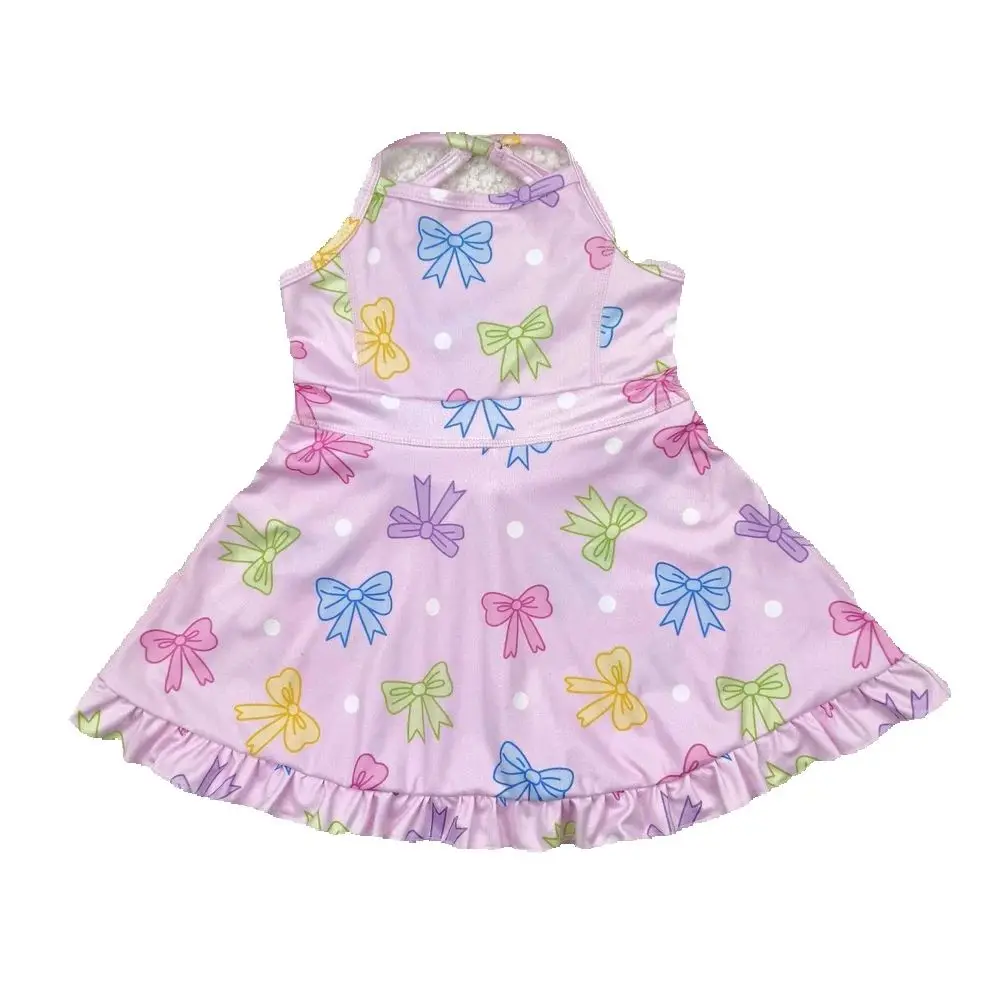 

Hot Sale Toddler Active Wear Baby Girls Pink Strap Colorful Bows Polka Dots Yoga Active Wear Knee Length Girls Athletic Dress