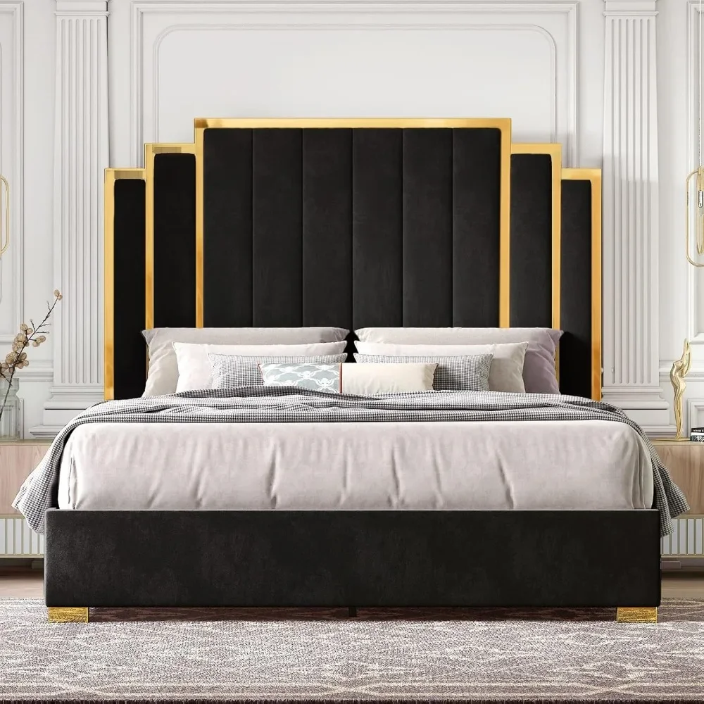 

King Size Bed Frame and 65" Headboard, Upholstered bed with Golden Plating Trim, Modern Platform Bed