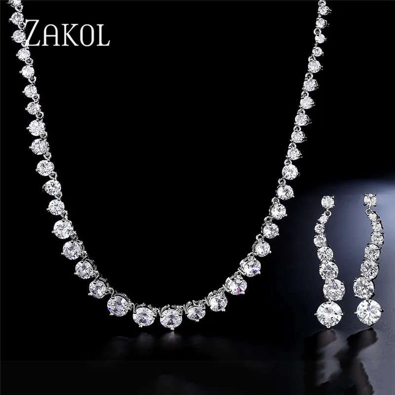 ZAKOL Fashion Sparking Clear Round Cut Cubic Zircon Women Jewelry Sets for Brides Wedding Evening Dress Factory Price