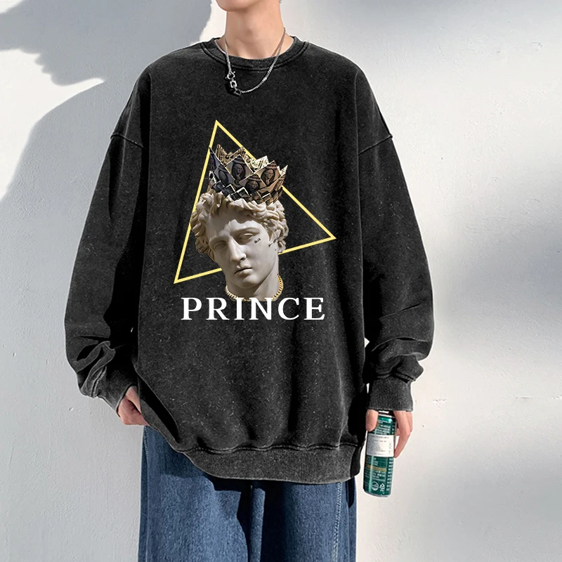 

Prince Sculpture Print Distressed Retro Sportswears Mens Autumn Cotton Warm Clothes Simple Basics Versatile Washed Sweatshirt