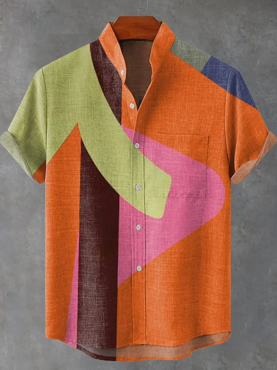 Fashionable new casual men's comfortable and fashionable loose printed shirt, casual linen button breathable fashionable top