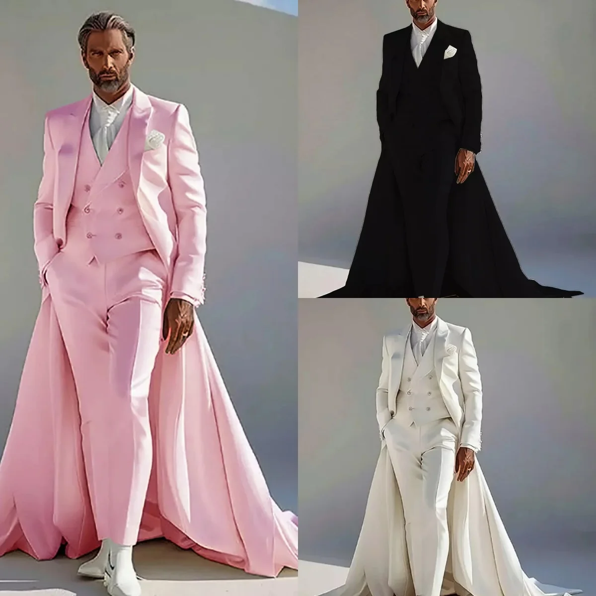 3 Pcs Business Men Suits Single Breasted Wedding Tuxedo Peaked Lapel Cocktail Long Tail Pants Suits Custom Made Groom Party Wear