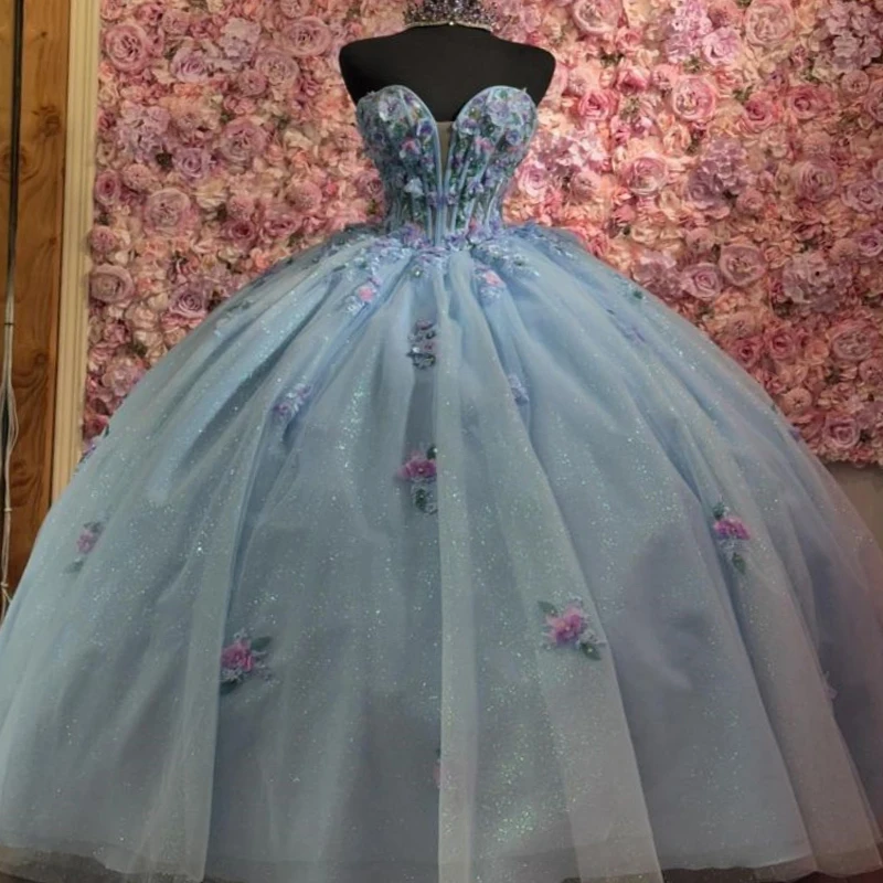 

Sky Blue Shiny Quinceanera Dresses Sweetheart Ball Gown Princess Birthday Gown Applique Flower BowTull Sweet 16 vestidos de 15