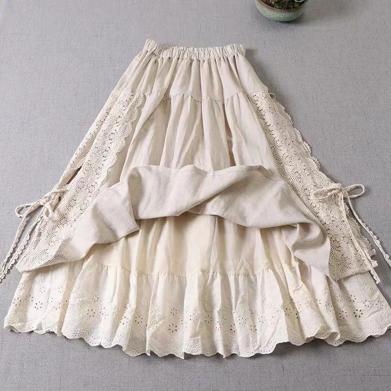 Johnature Vintage Mori Cotton Linen Patchwork Lace Skirts 2023 Autumn New All Match Elastic Waist Japanese A-Linen Women Skirts
