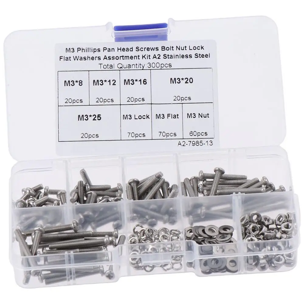 304 Stainless Steel Phillips Pan Head Screws 8/12/16/20/25mm Bolt Nuts Washers Assortment Kit Metric Screws Assortment