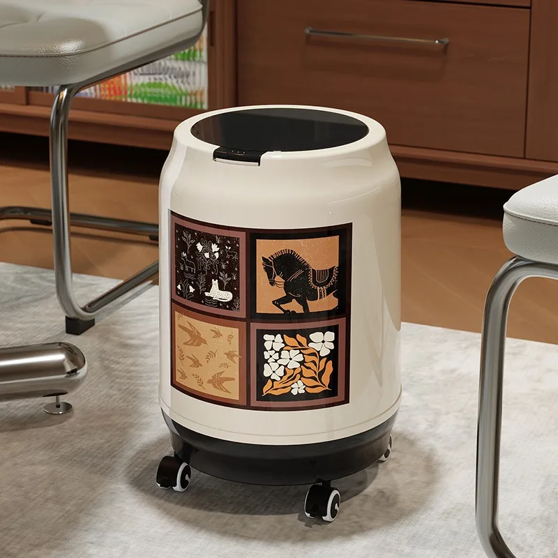 Retro Press Lidded Waste Bin, Movable, Large Capacity for Living Space