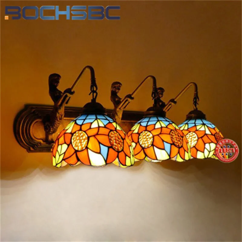 BOCHSBC Tiffany style European sunflower stained glass 8inch wall lamp for dining room study bedroom bedside corridor LED decor