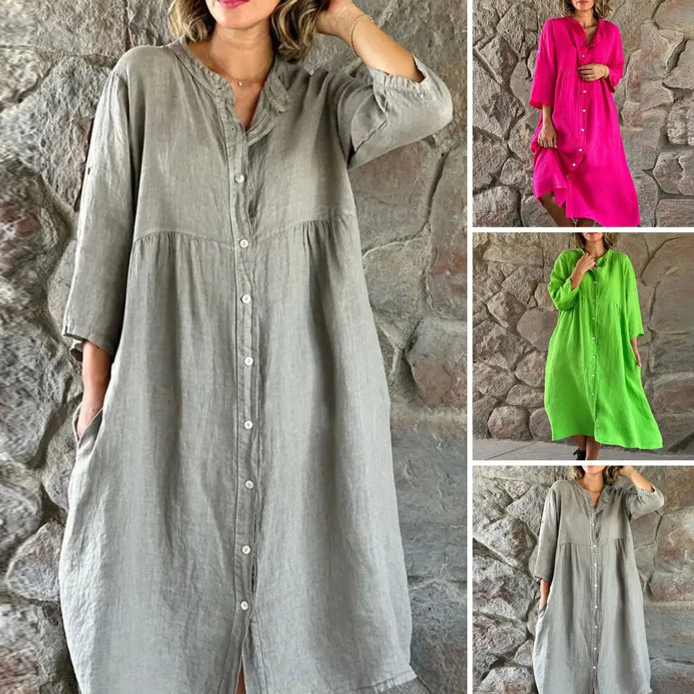 Robe Longue en Coton et Lin pour Femme, Simple, à Manches sulf, Col Rabattu, Décontractée, lèvent, Chemise, Vacances, 2024