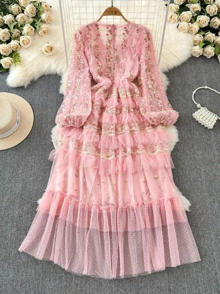 Summer Autumn Flower Embroidery Ruffles Cake Prom Evening Dress Women's Mesh Tulle Party Vestidos Longo Midi Pink Robe