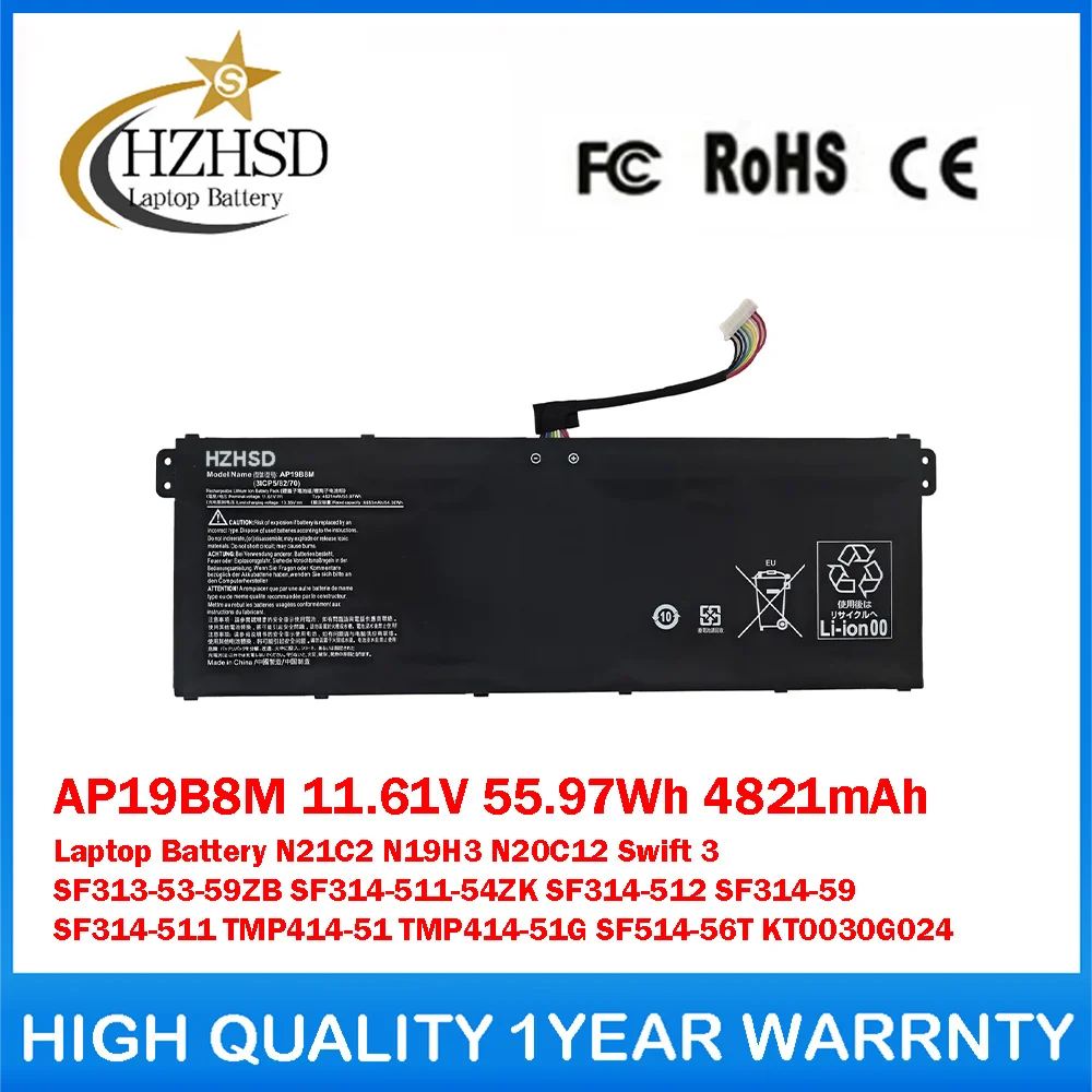 AP19B8M 11.61V 55.97Wh 4821mAh Laptop Battery For ACER N21C2 N19H3 N20C12 Swift3 SF313-53-59ZB SF314-511-54ZK SF314-512 SF314-59