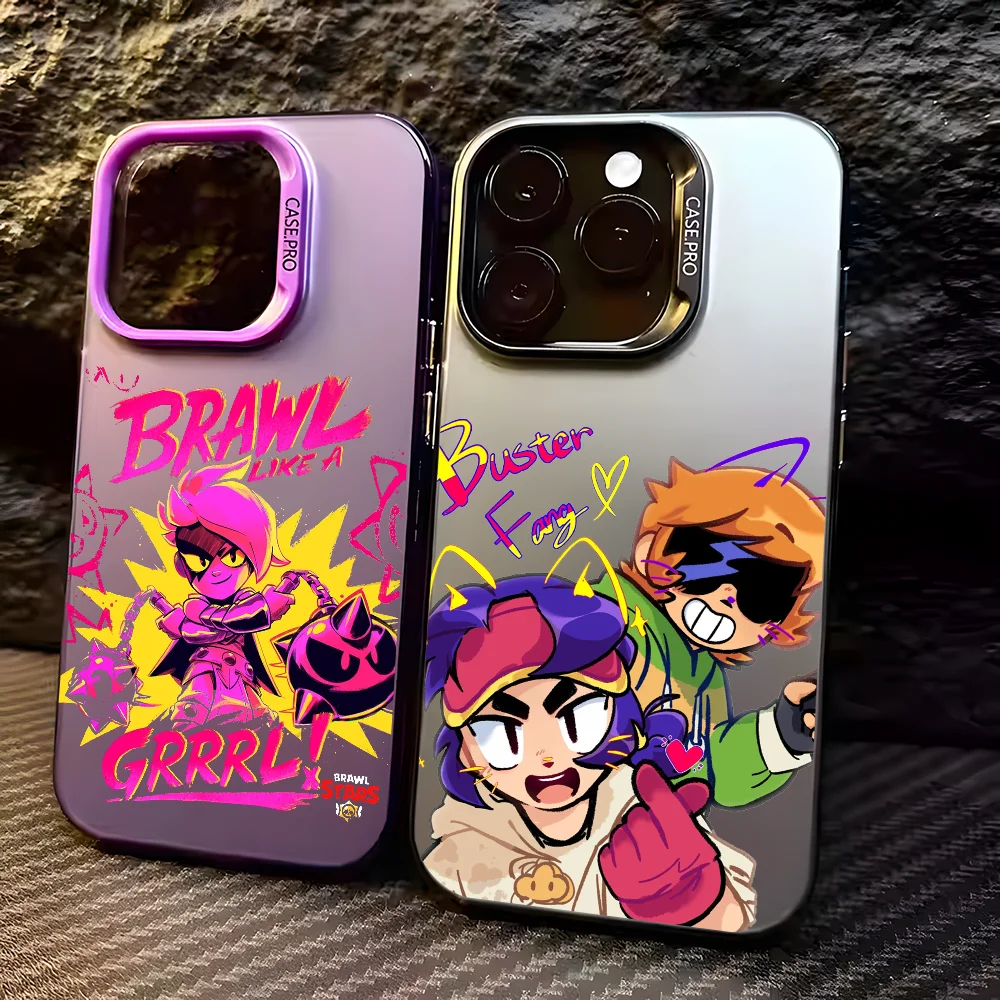 

Cartoon B-Brawl Game Phone Case For iPhone 16 15 14 13 12 11 Pro Max Black Matte Multicolor Laser Metallic Aurora Cover