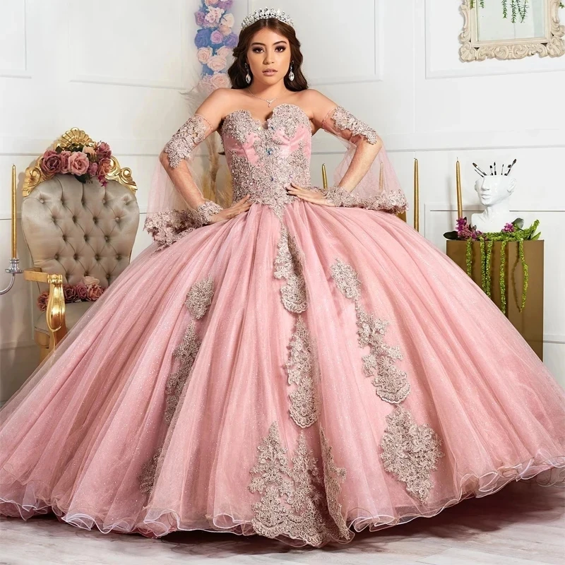 فساتين الأميرة المتلألقة Quinceanera ، ثوب الكرة الوردي ، يزين حبيبته تول ، 16 فستان حلو ، 15 سنة