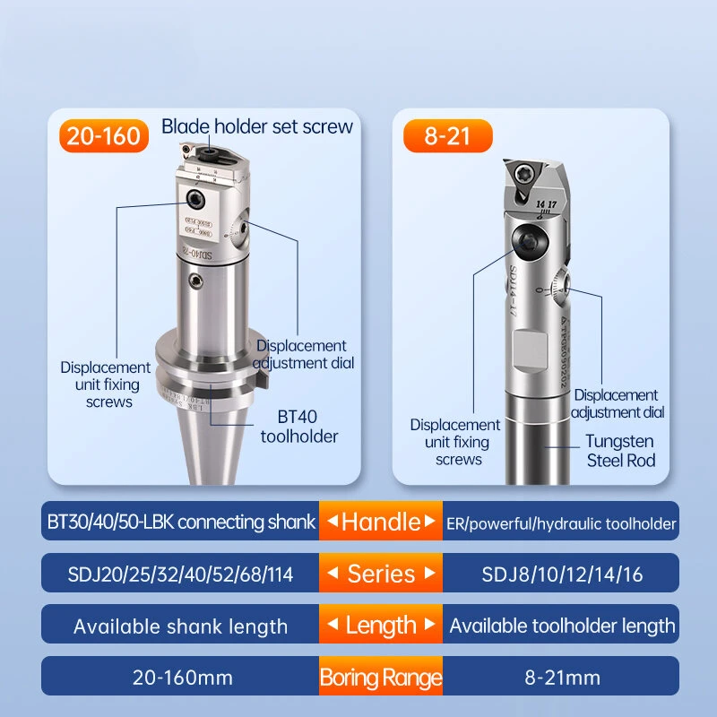 SDJ 고정밀 미세 보링 커터 세트, 작은 구멍 보링 CNC 깊은 구멍 보링 도구에 적합, BT50