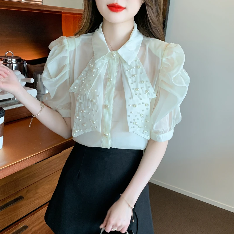 Summer Women\'s Polo Neck Beading Loose Gauze Shirt Office Lady Single-Breasted Puff Short Sleeve Black White Blouses Tops